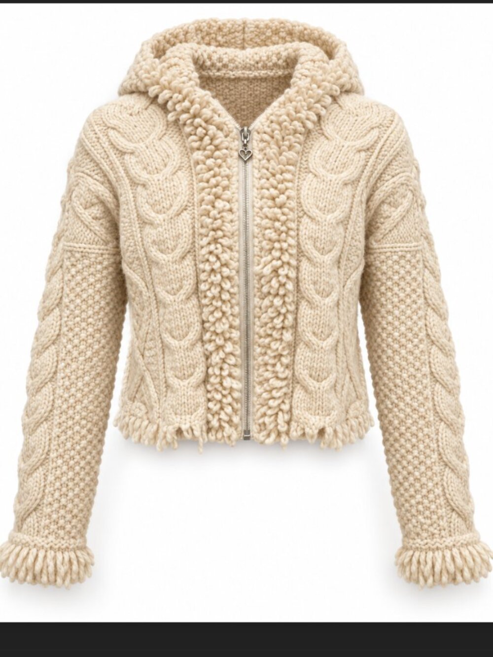 100% Wool Irish Celtic Aran Cable Knit Hooded Coat Heart Zipper Cream Ivory